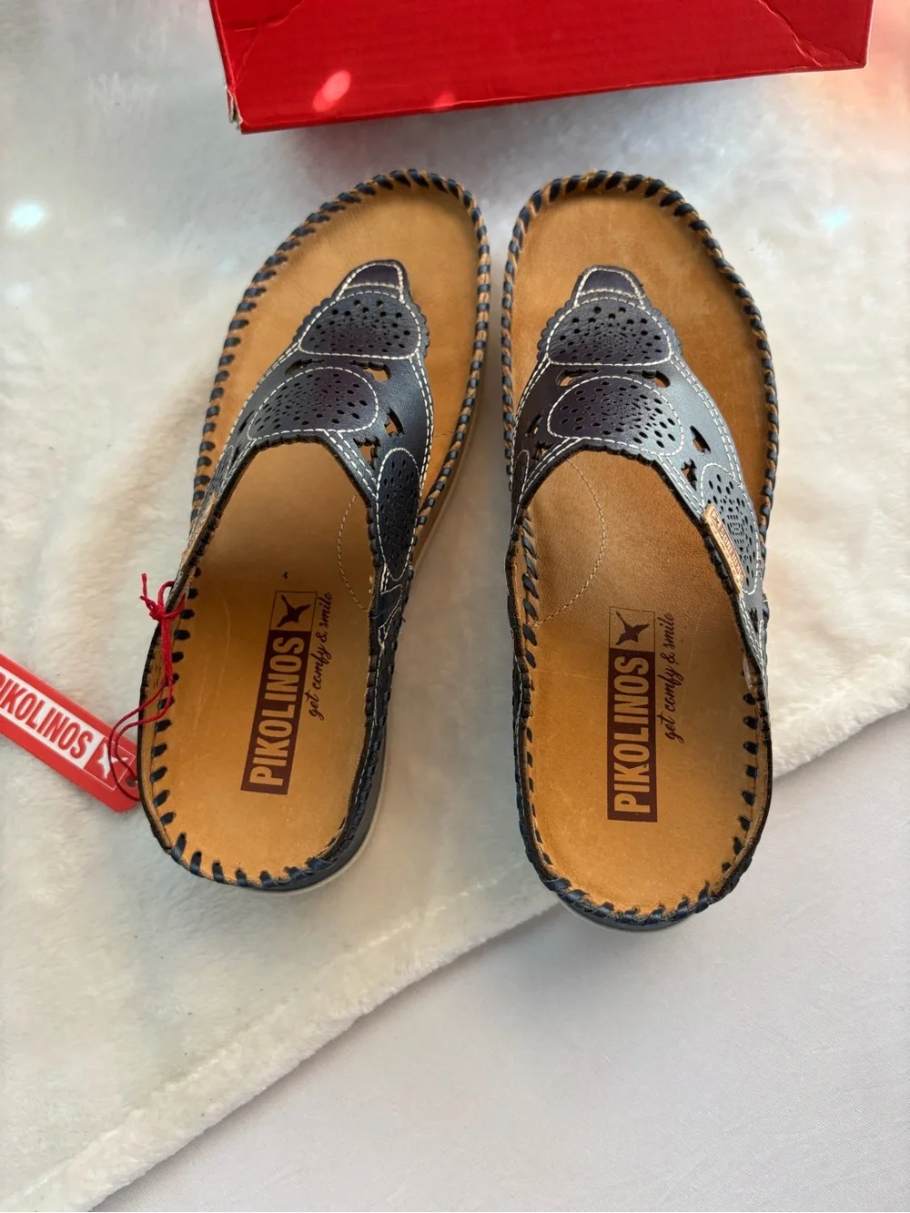 PIKOLINOS Marina Thong Wedge Leather Sandals Blue Size 37 EU 6.5-7 US